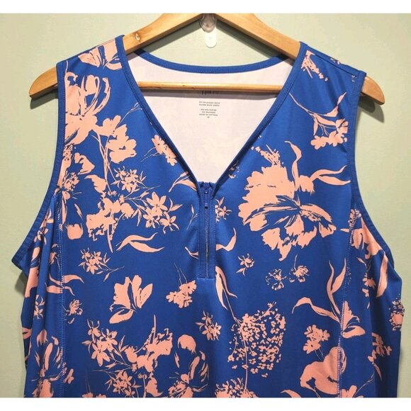 J Jill Fit Zip Scoop Neck Racer Back Dress Stretch Sleeveless Blue Floral 2X - Picture 2 of 6
